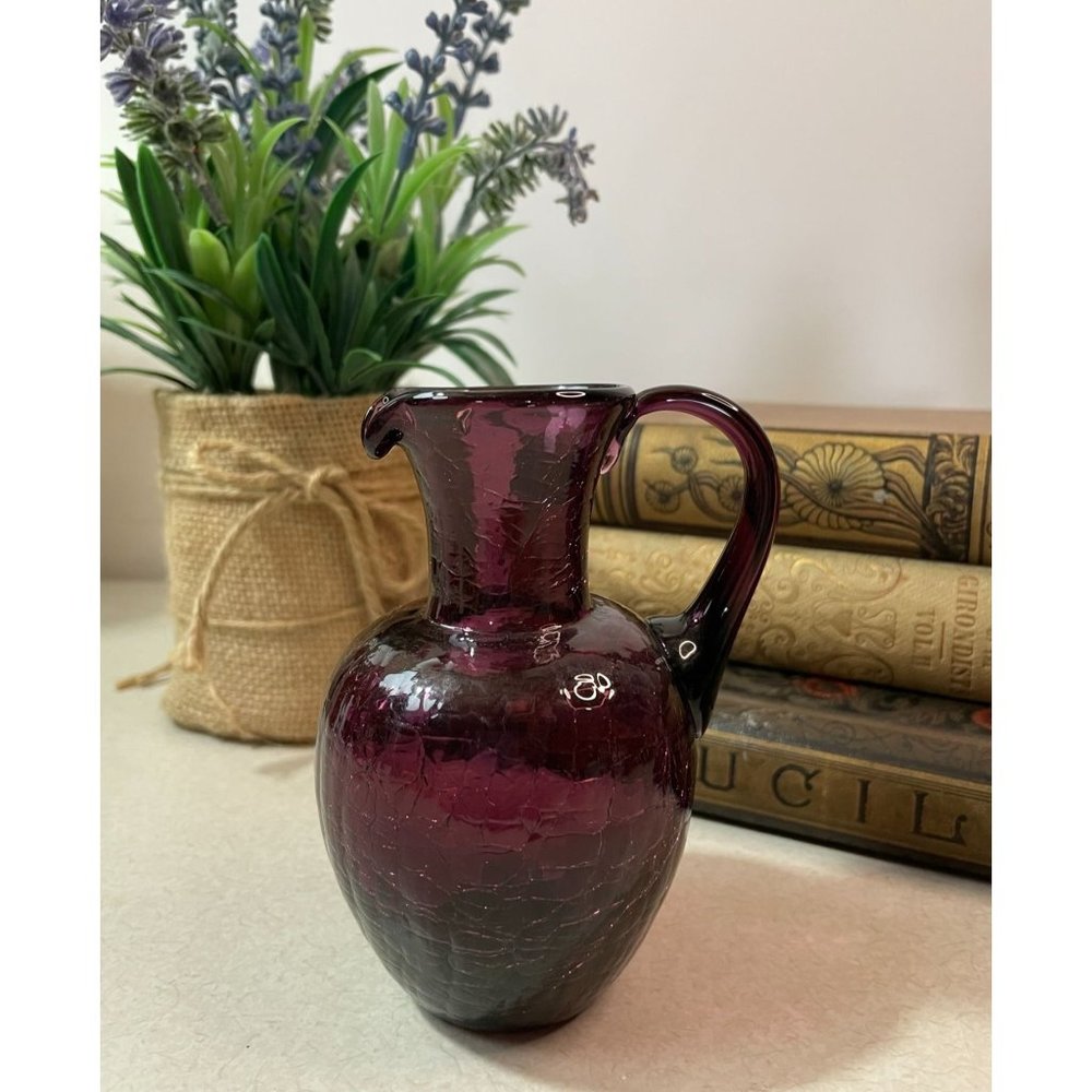 Vintage Amethyst Crackle Style Glass Mini Pitcher Vase Creamer Purple